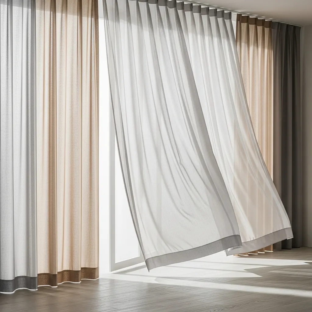 Flowing sheer curtain panels in soft neutral tones creating an airy atmosphere